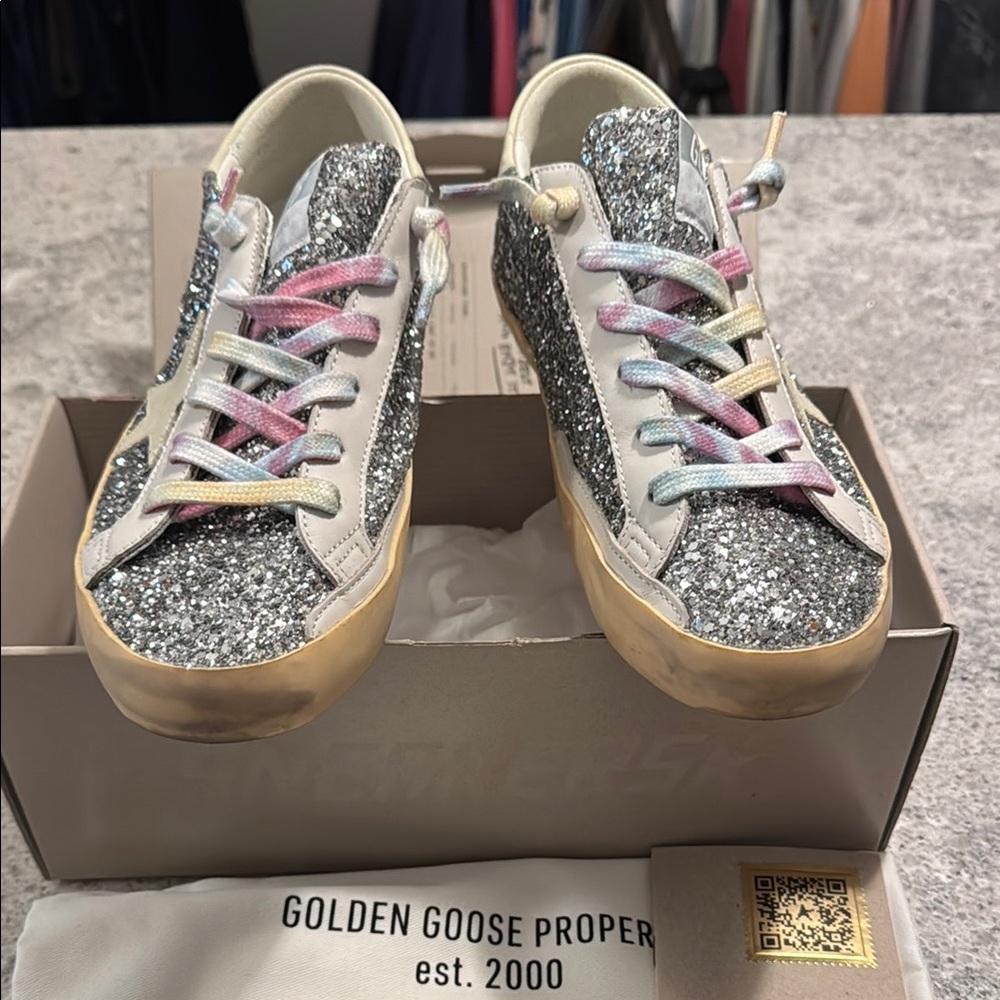Golden Goose Silver Glitter Sneakers with Distressed Look